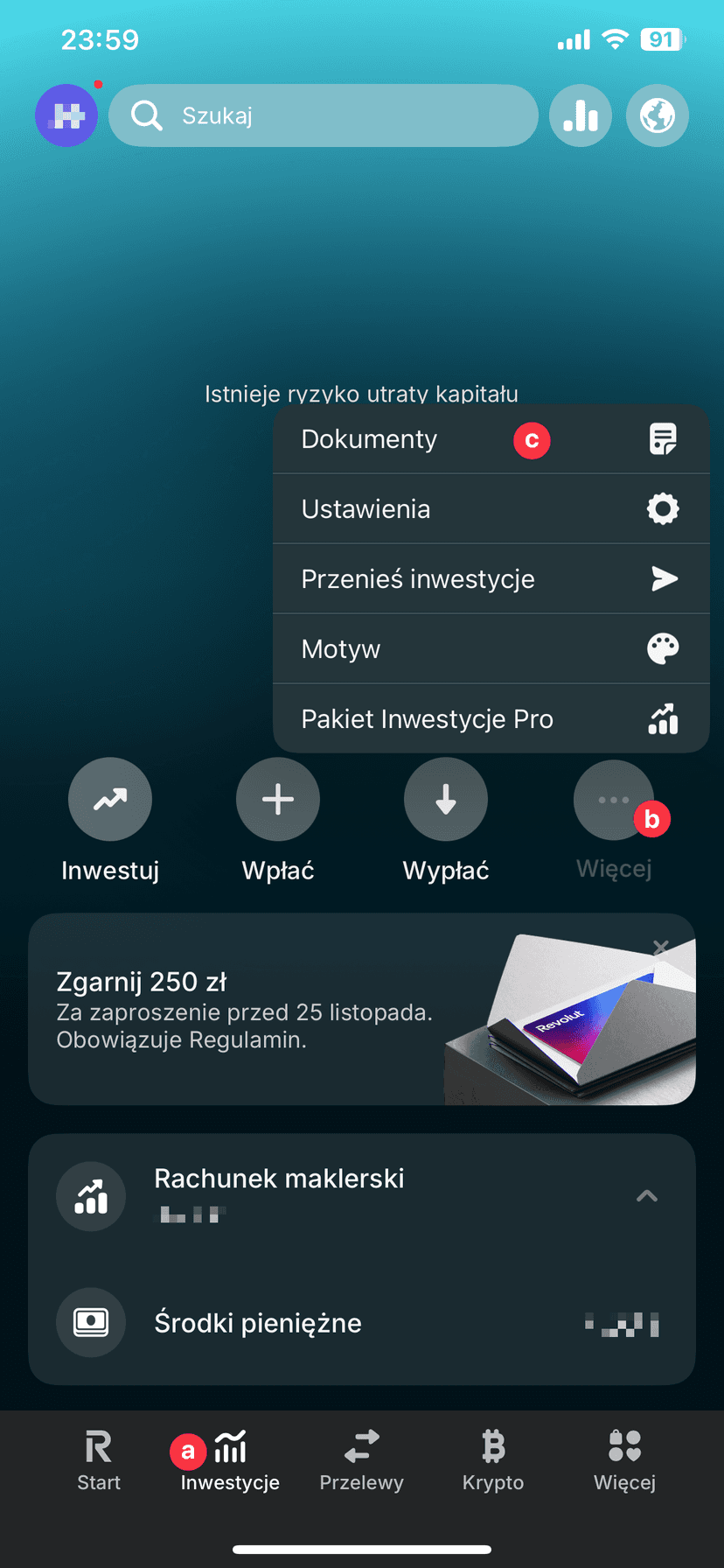 Zrzut ekranu aplikacji Revolut z nawigacją do zakładki Inwestycje, Więcej, Dokumenty do generowania raportu zysków i strat z towarów dla kalkulatora giełdowego PodatekGiełdowy.pl